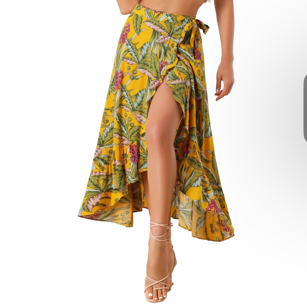 Allegra K Women's Floral Print Ruffle Self Tie Knot Split Beach Wrap Midi Skirt